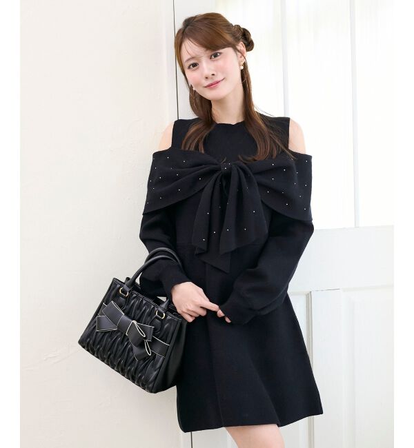  「ビジューリボンニットミニワンピース」|ワンピース|
