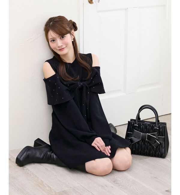  「ビジューリボンニットミニワンピース」|ワンピース|