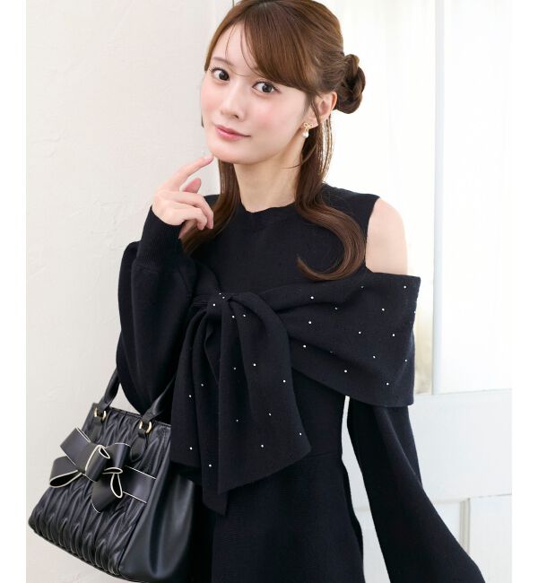  「ビジューリボンニットミニワンピース」|ワンピース|