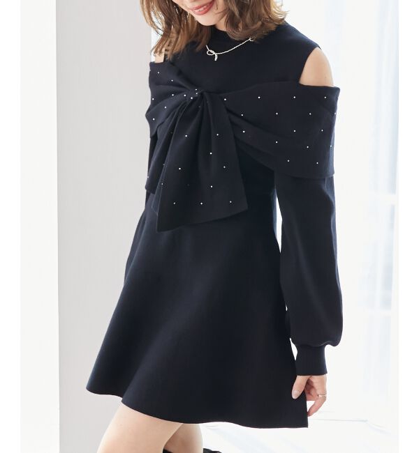  「ビジューリボンニットミニワンピース」|ワンピース|