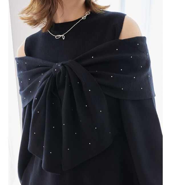  「ビジューリボンニットミニワンピース」|ワンピース|