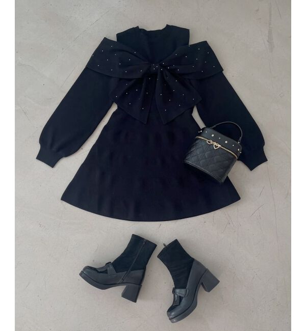  「ビジューリボンニットミニワンピース」|ワンピース|