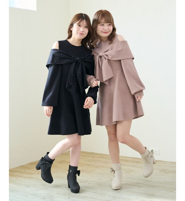  「ビジューリボンニットミニワンピース」|ワンピース|