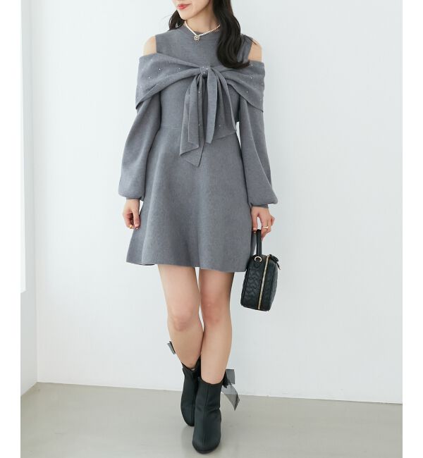  「ビジューリボンニットミニワンピース」|ワンピース|