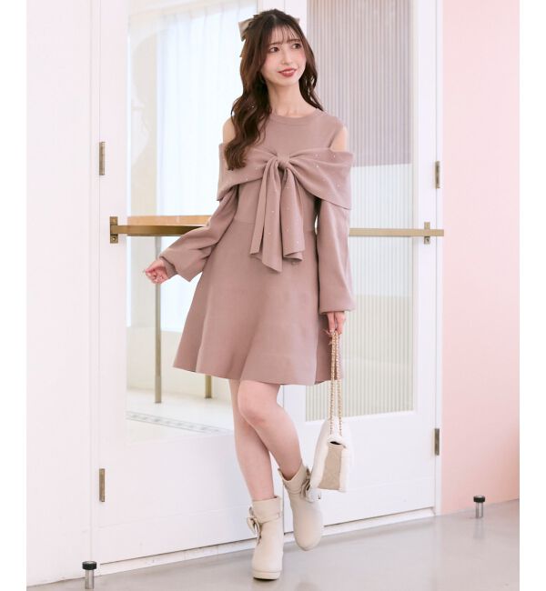  「ビジューリボンニットミニワンピース」|ワンピース|