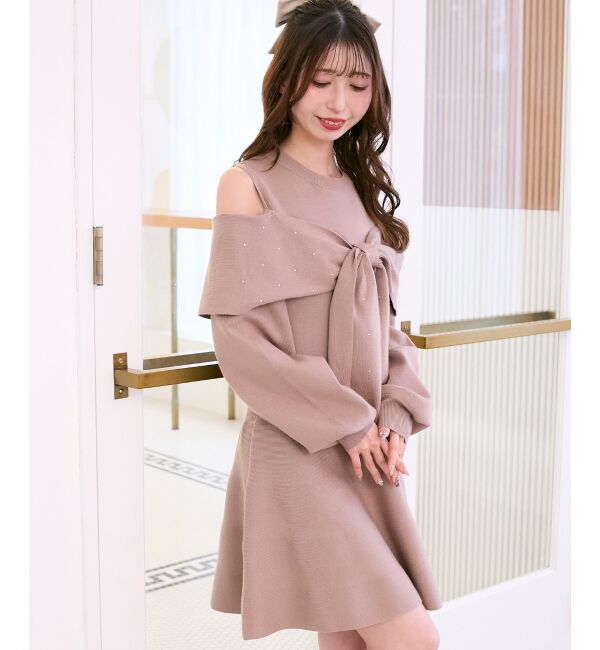  「ビジューリボンニットミニワンピース」|ワンピース|