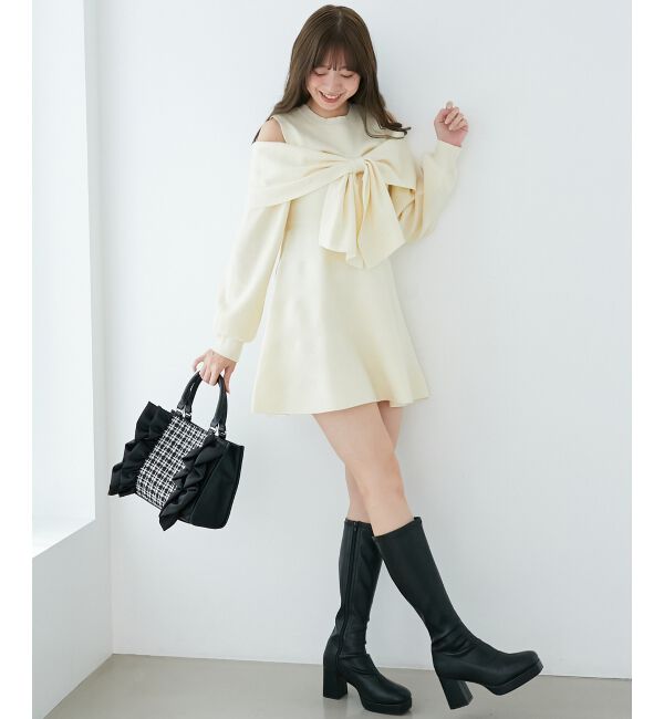  「ビジューリボンニットミニワンピース」|ワンピース|