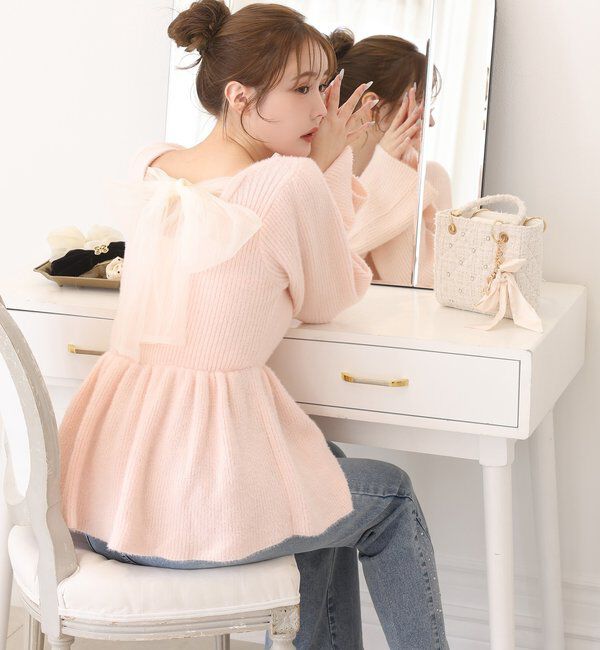  「バックリボンフェザーペプラムニット」|ニット・セーター|