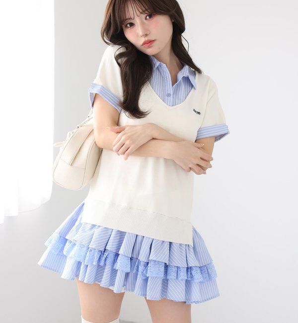  「ニットドッキング半袖シャツチュニック」|ワンピース|オフホワイト