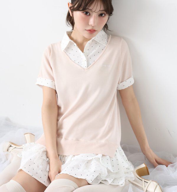  「ニットドッキング半袖シャツチュニック」|ワンピース|ピンク