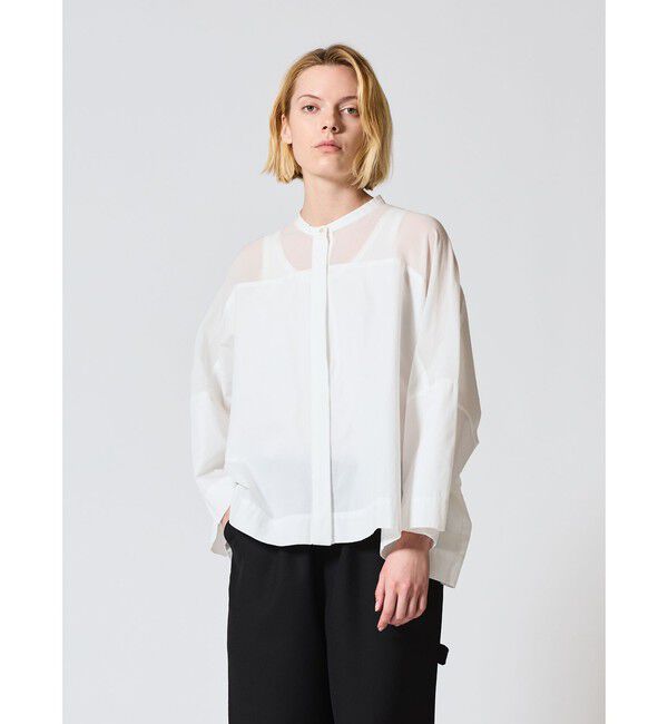 mizuiro ind「mizuiro ind シアーショルダースタンドカラーワイドシャツ」|シャツ・ブラウス|オフホワイト