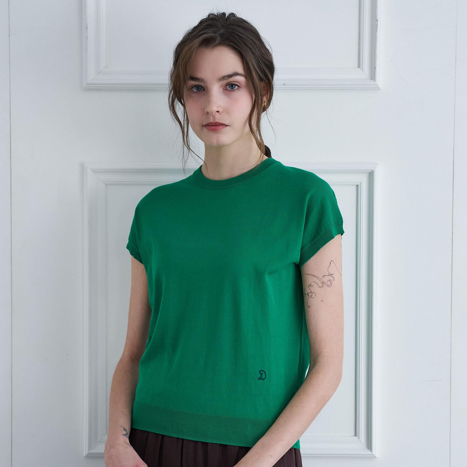 DRESSTERIOR「【ウォッシャブル】コットンシルクフレンチスリーブニット」|ニット・セーター|グリーン(022)