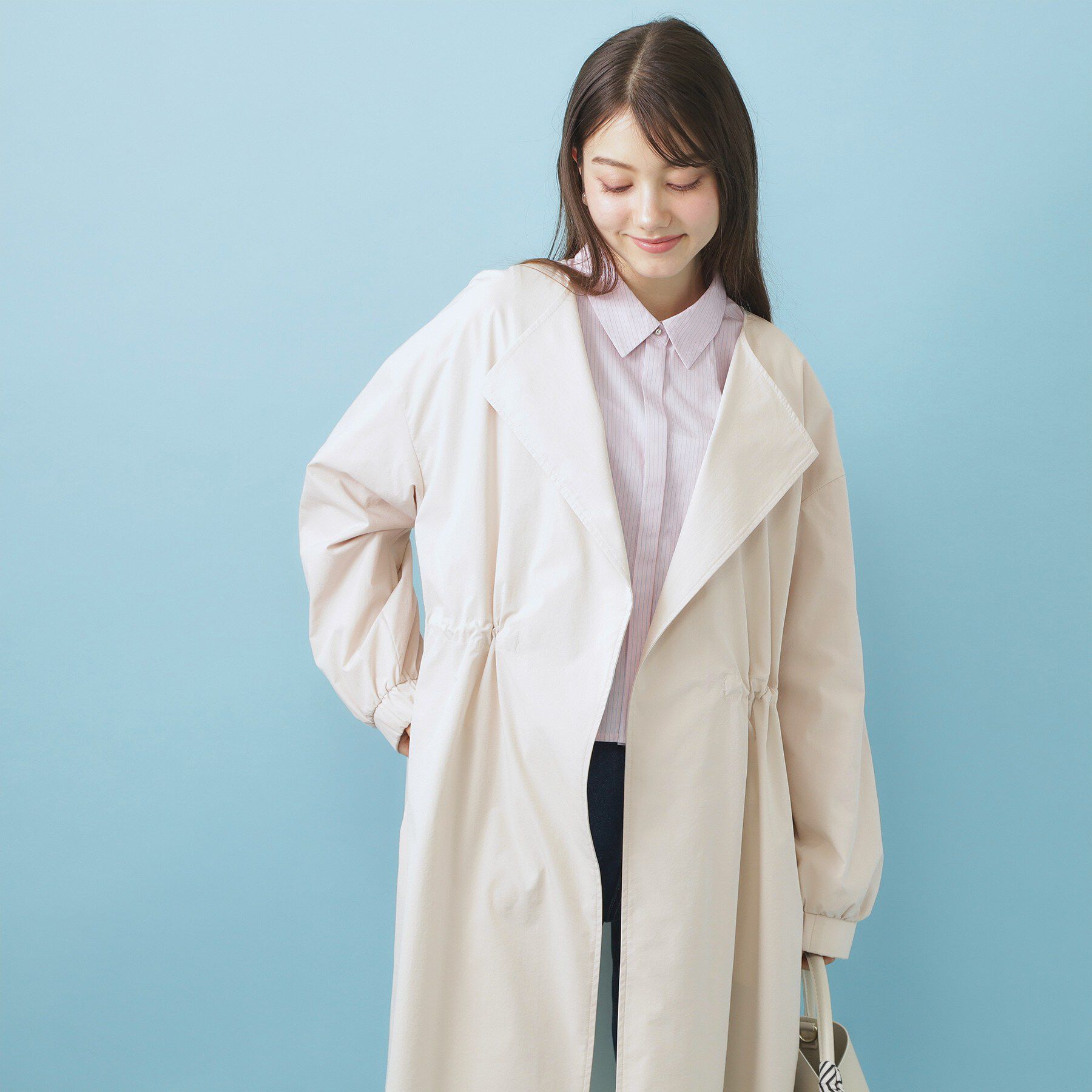 index「ヴィンテージクロスノーカラーロングコート【洗濯機OK/ストレッチ/イージーアイロン】」|ノーカラーコート|グレージュ(050)