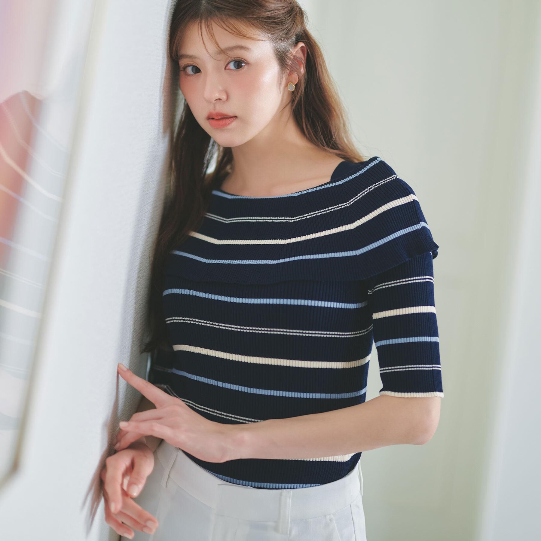 index「マルチボーダーオフショルニット【洗濯機OK】」|ニット・セーター|ネイビー(394)