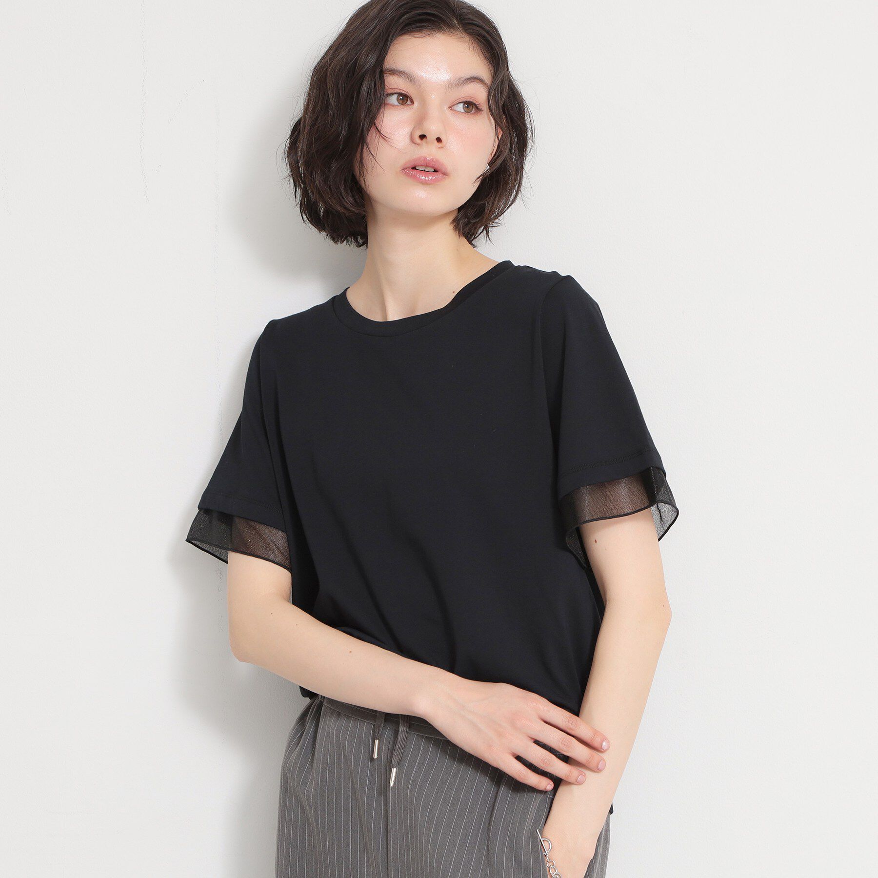 THE SHOP TK「【M-XL/ひんやり／吸水速乾／UV】上品な透け感 袖口シアーTシャツ」|Tシャツ・カットソー|