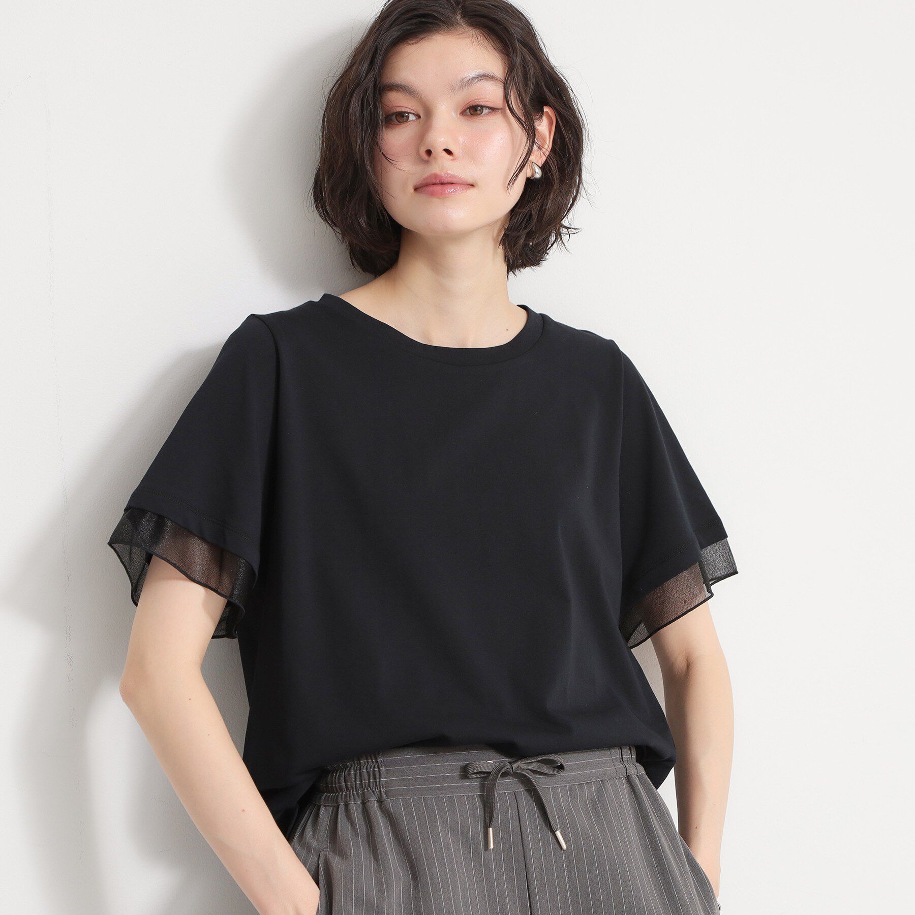 THE SHOP TK「【M-XL/ひんやり／吸水速乾／UV】上品な透け感 袖口シアーTシャツ」|Tシャツ・カットソー|