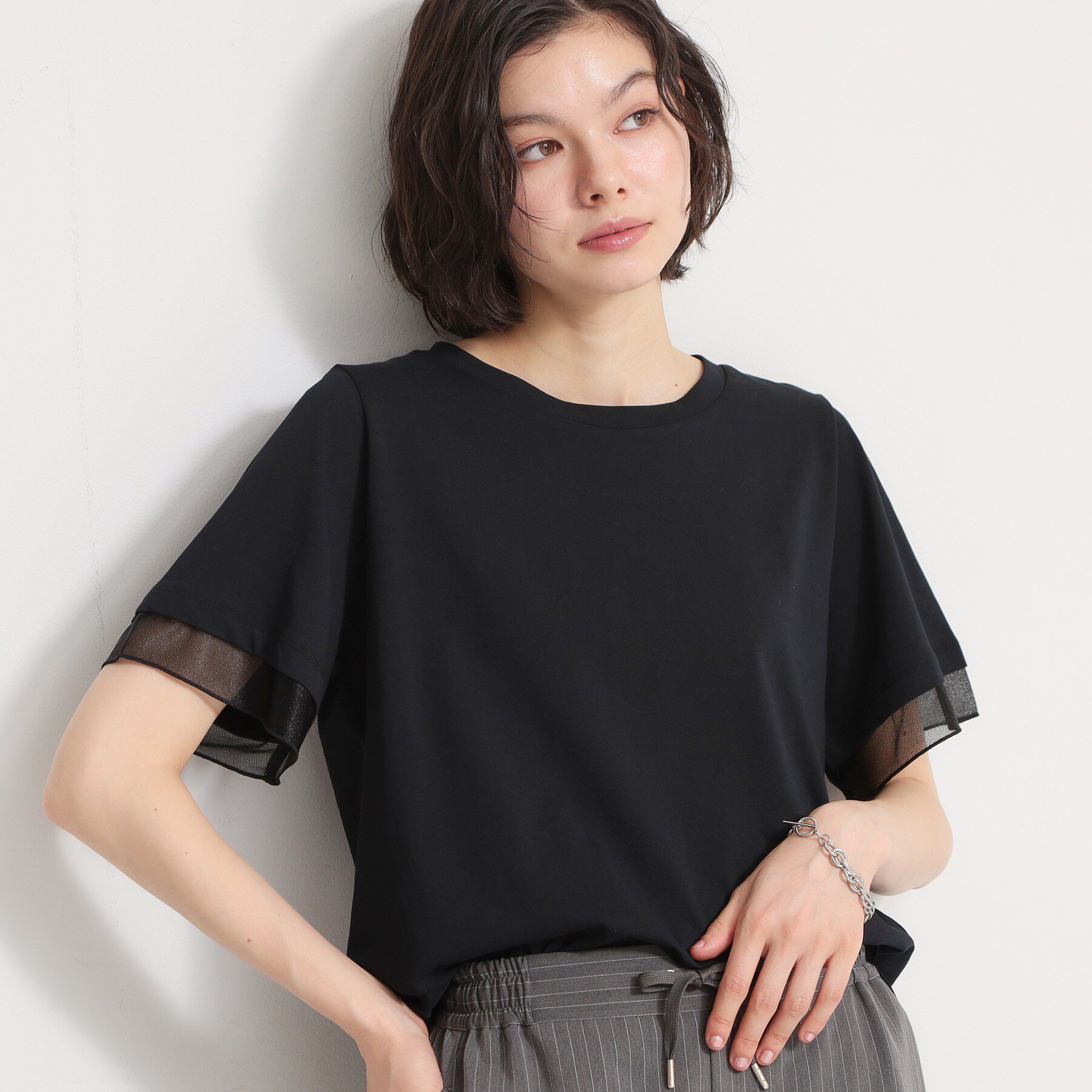 THE SHOP TK「【M-XL/ひんやり／吸水速乾／UV】上品な透け感 袖口シアーTシャツ」|Tシャツ・カットソー|ブラック(019)