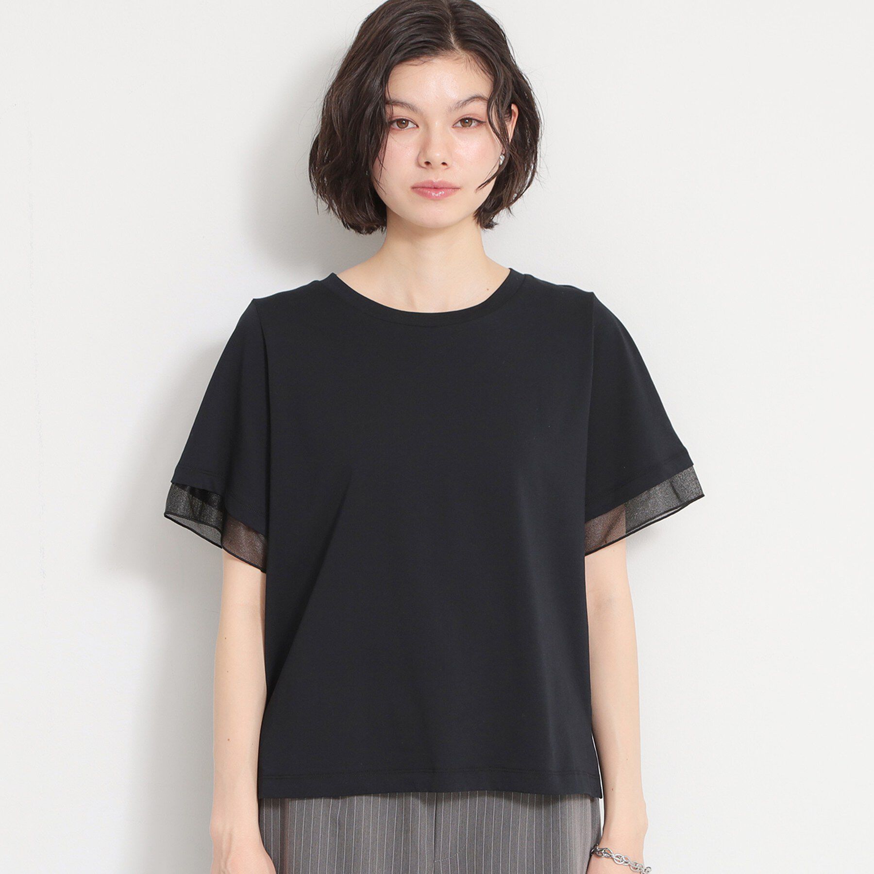 THE SHOP TK「【M-XL/ひんやり／吸水速乾／UV】上品な透け感 袖口シアーTシャツ」|Tシャツ・カットソー|