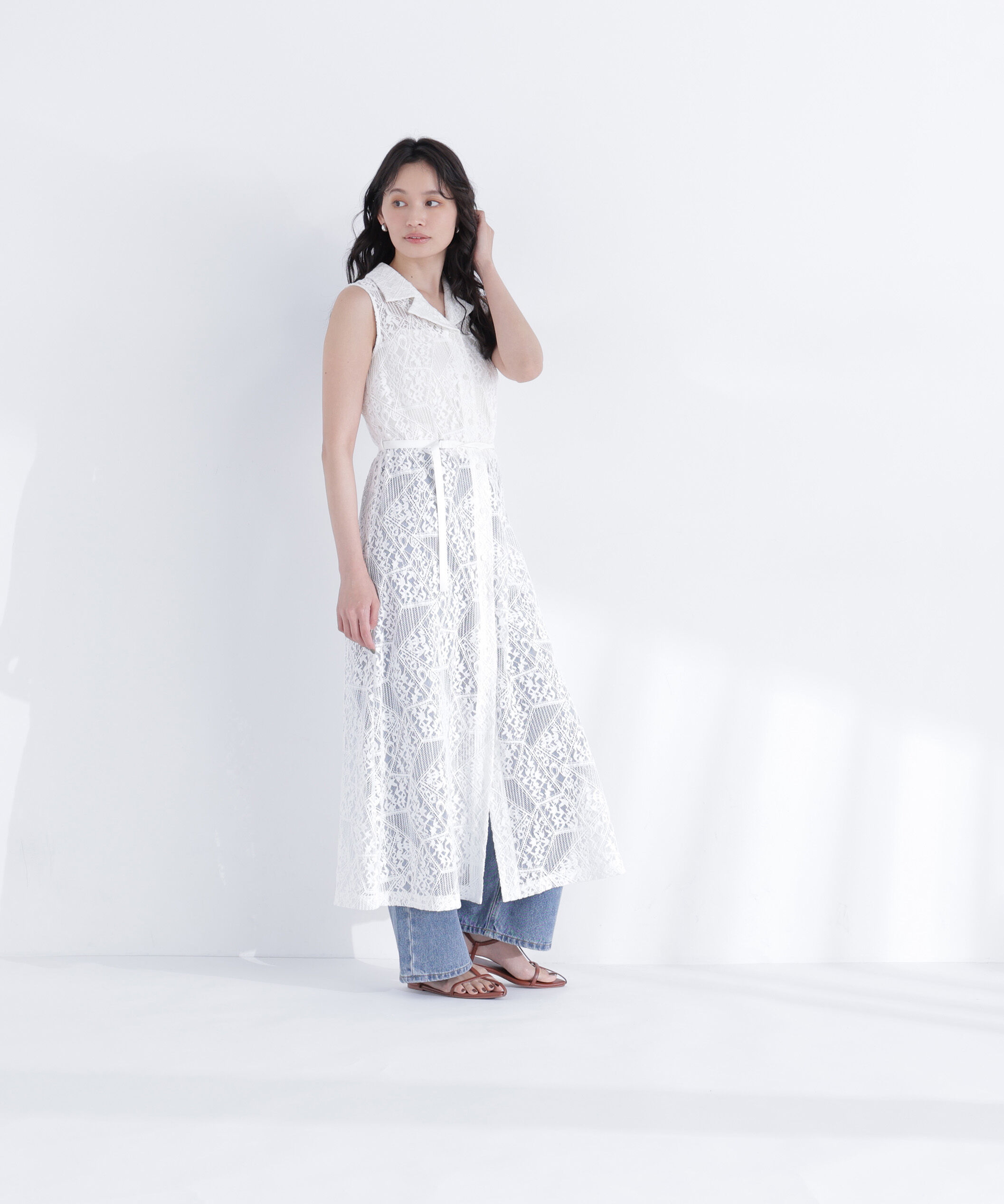  「ノースリーブレースシャツワンピース」|ワンピース|