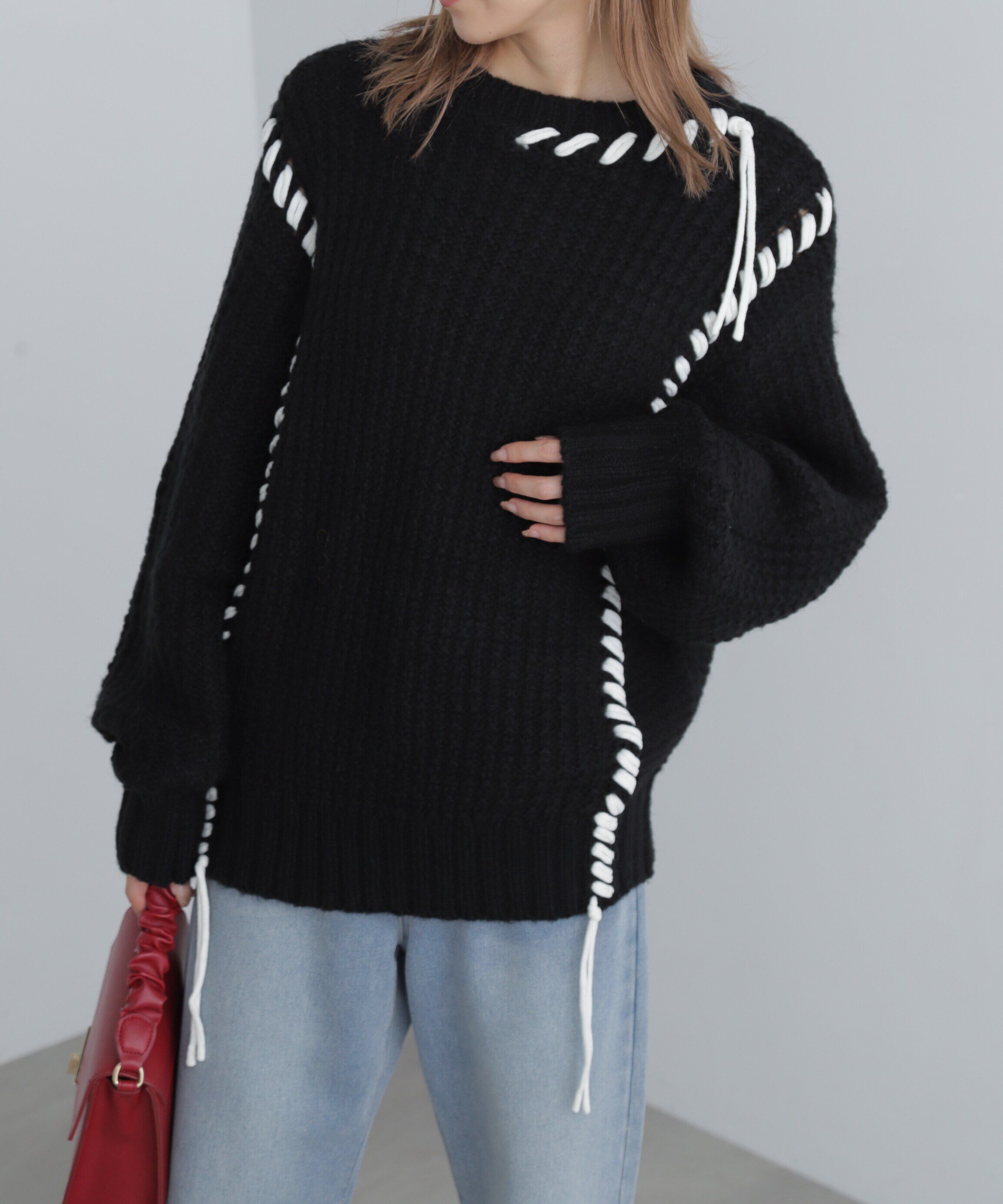  「配色ステッチニットプルオーバー」|ニット・セーター|