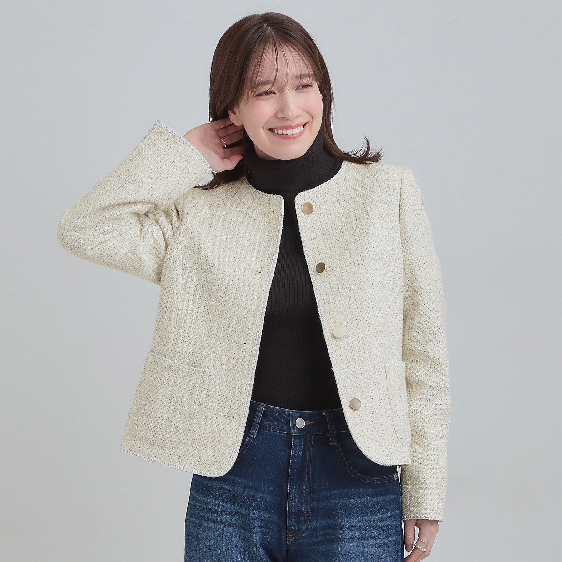 SHOO･LA･RUE「【S-3L】オンとオフで印象が変わる ライトツイードジャケット」|ノーカラージャケット|