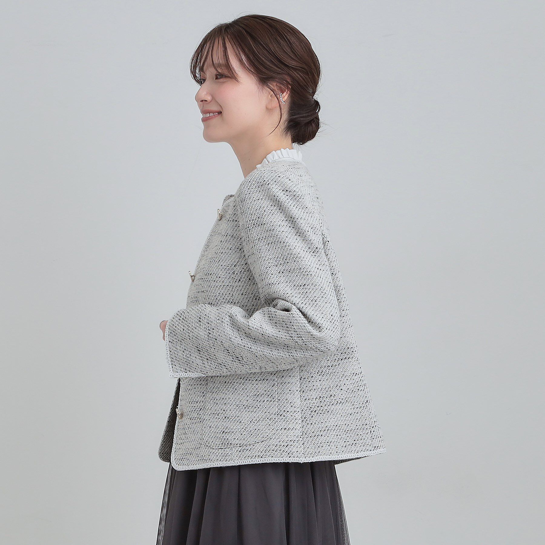 SHOO･LA･RUE「【S-3L】オンとオフで印象が変わる ライトツイードジャケット」|ノーカラージャケット|