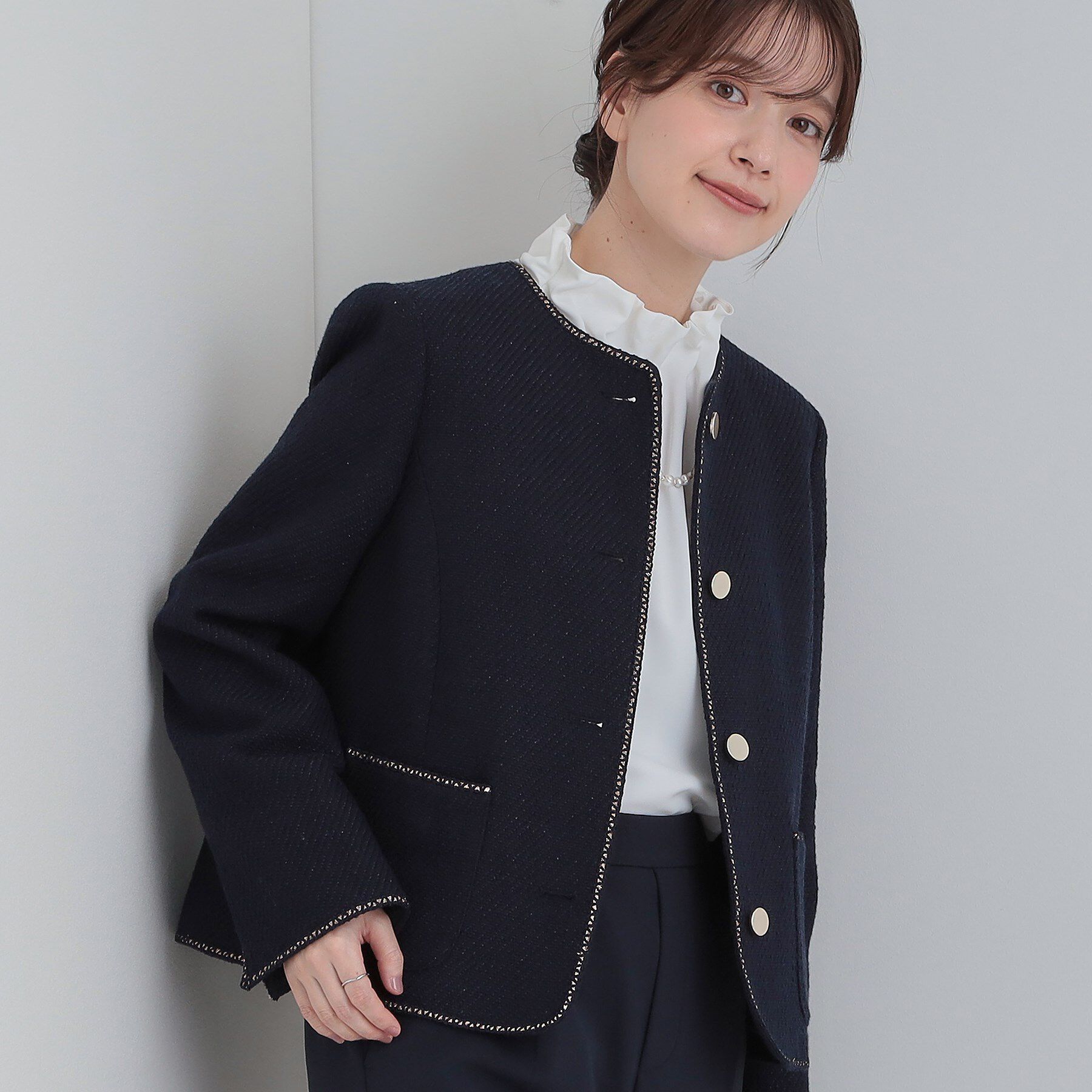 SHOO･LA･RUE「【S-3L】オンとオフで印象が変わる ライトツイードジャケット」|ノーカラージャケット|ネイビー(494)