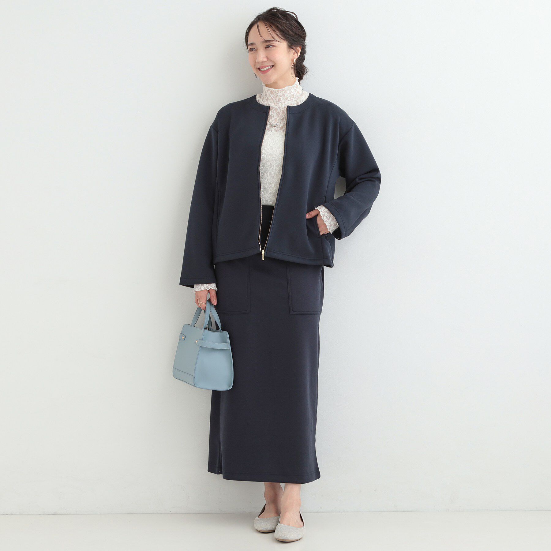 SHOO･LA･RUE「【セットアップ可/S-LL/なめらかタッチ】大人のきれいめスタイルに ノーカラージップブルゾン」|ブルゾン・スタジャン|