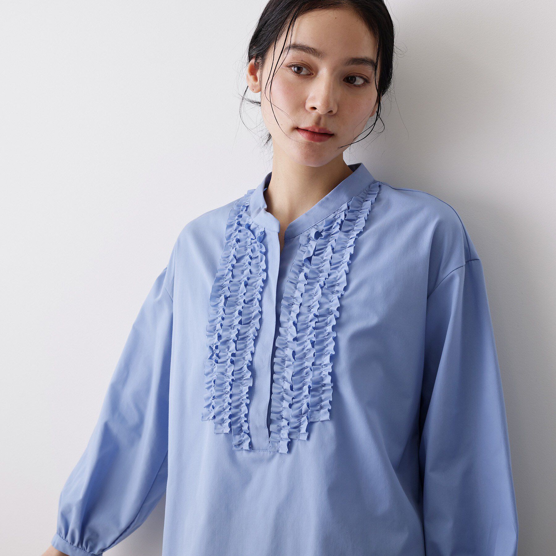 Dessin「【着映え/洗える】フロントフリルブラウス」|シャツ・ブラウス|ブルー(091)