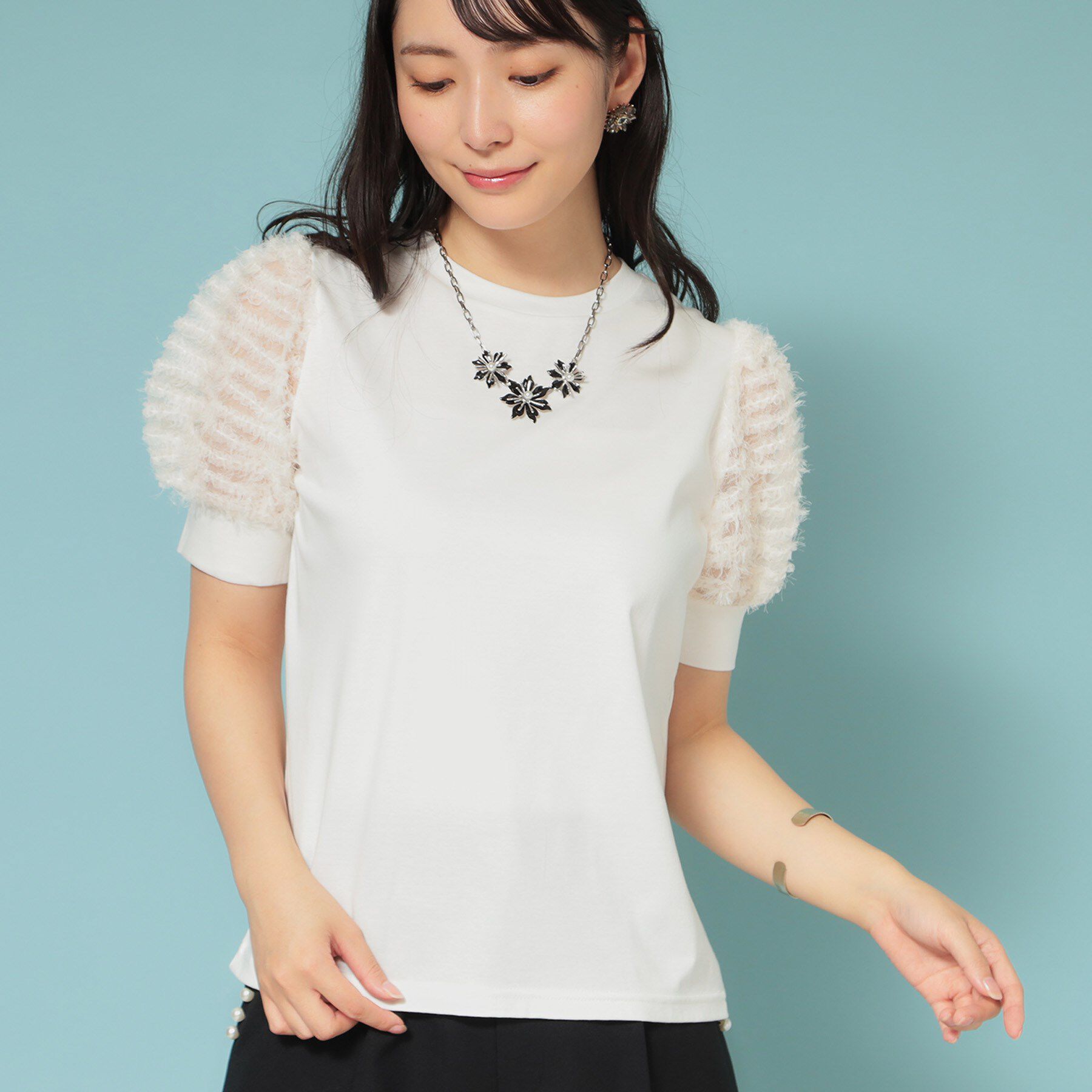 SunaUna「【チュール袖】パフスリーブカットソー」|Tシャツ・カットソー|オフホワイト(003