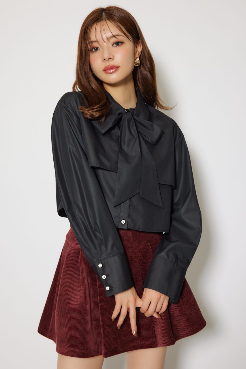 rienda「ビジューボタンボウタイシャツトップス」|シャツ・ブラウス|BLK