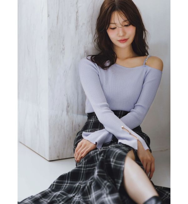 MERCURYDUO「アシメパールチェーンワンショルニット」|ニット・セーター|