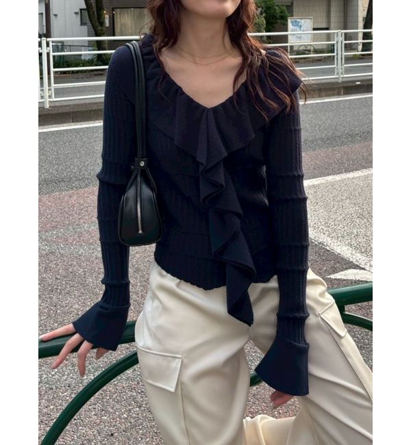 LAGUNAMOON「ラッフルフリルニットプルオーバー」|ニット・セーター|ネイビー