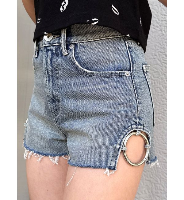 GYDA「ハイウエストSIDE RINGデニムショートパンツ」|デニム|アイスブルー