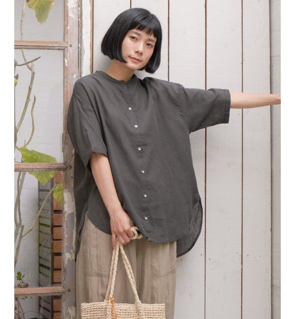 Lbc with Life「リネンコットンバンドカラー半袖シャツ」|シャツ・ブラウス|