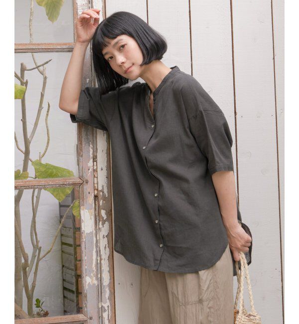 Lbc with Life「リネンコットンバンドカラー半袖シャツ」|シャツ・ブラウス|