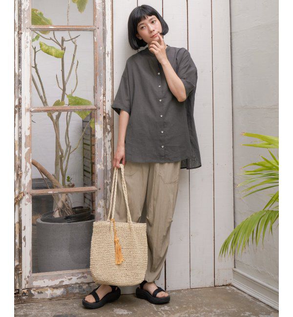 Lbc with Life「リネンコットンバンドカラー半袖シャツ」|シャツ・ブラウス|