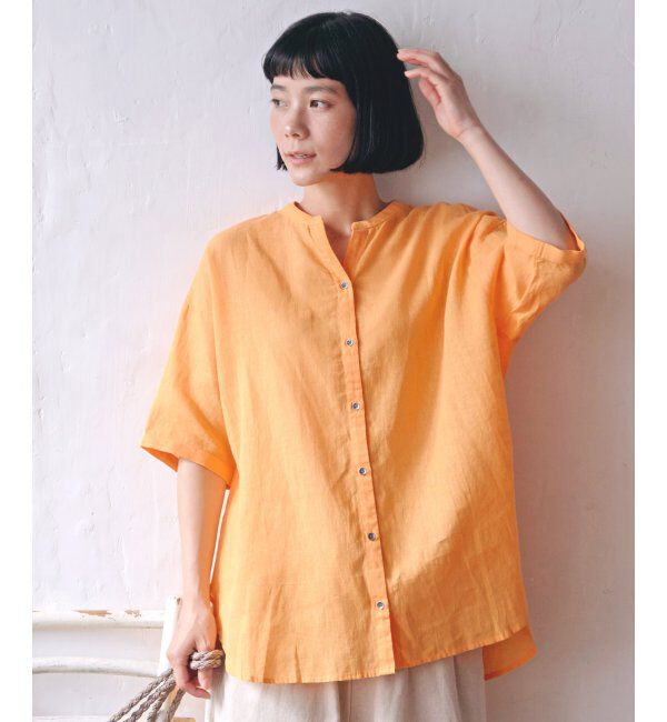 Lbc with Life「リネンコットンバンドカラー半袖シャツ」|シャツ・ブラウス|