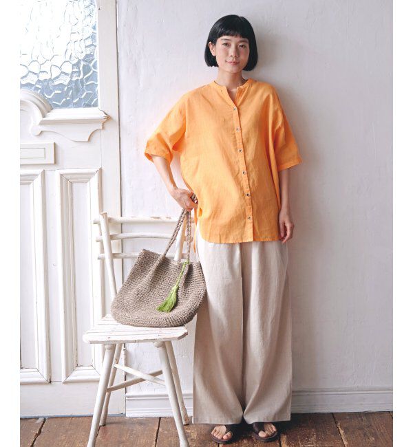 Lbc with Life「リネンコットンバンドカラー半袖シャツ」|シャツ・ブラウス|