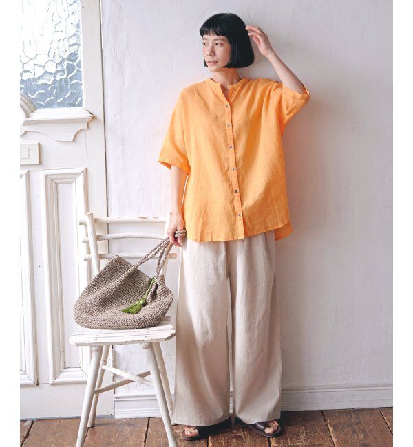 Lbc with Life「リネンコットンバンドカラー半袖シャツ」|シャツ・ブラウス|