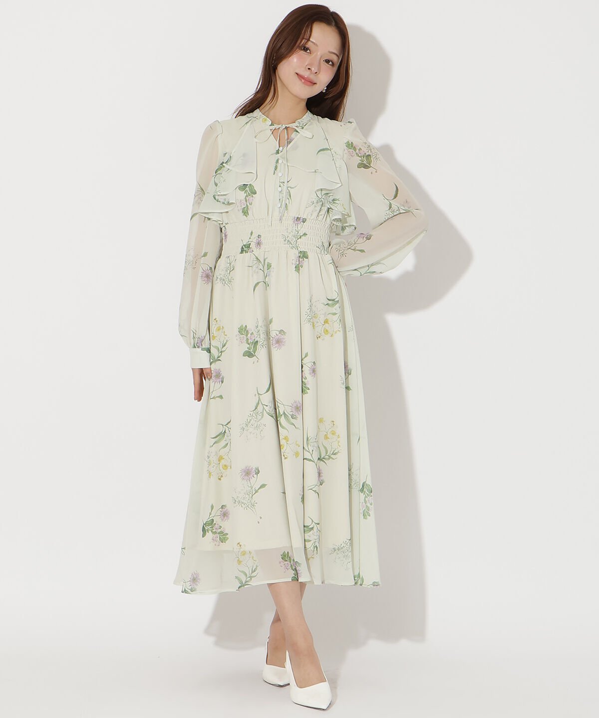 アンドクチュール「フリルケープフラワープリントワンピース」|ワンピース|ｲｴﾛｰ系花柄