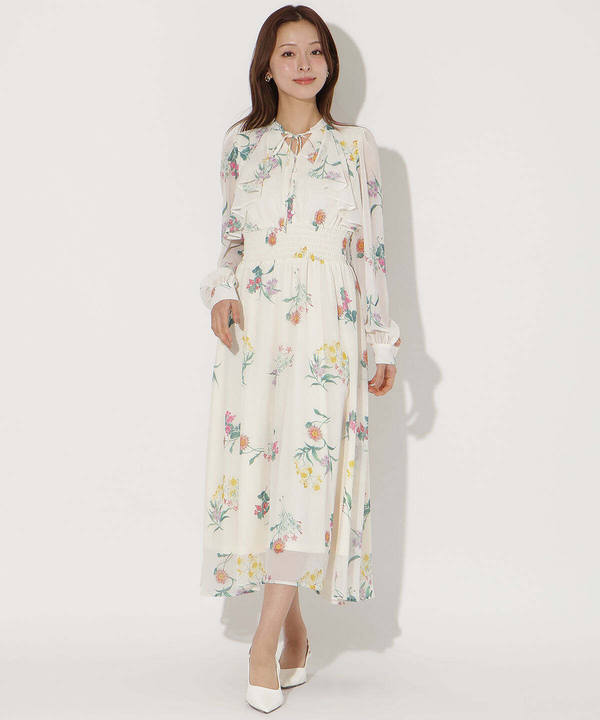 アンドクチュール「フリルケープフラワープリントワンピース」|ワンピース|