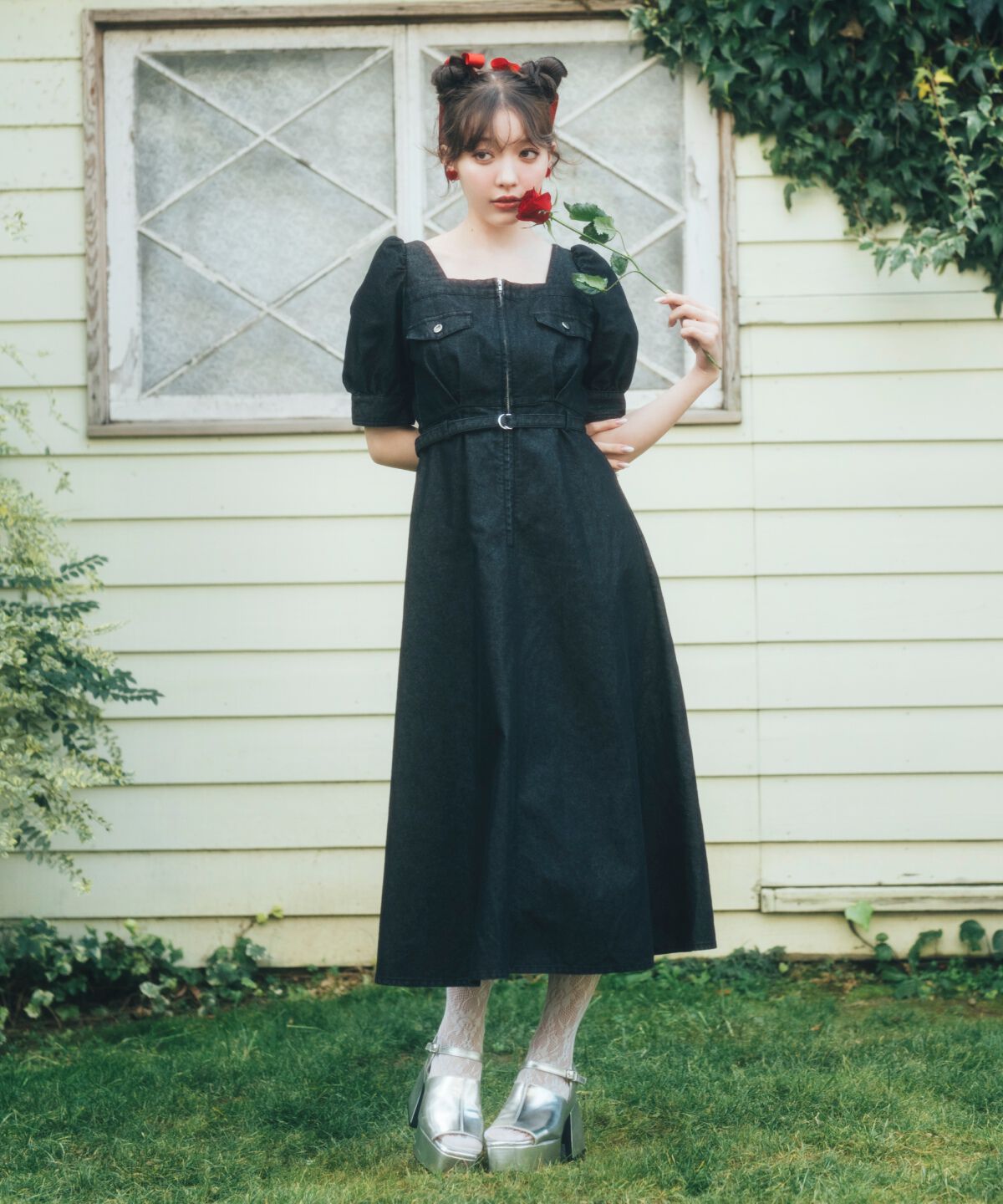 REDYAZEL「フロントジップスクエアネックフレアワンピース」|ワンピース|