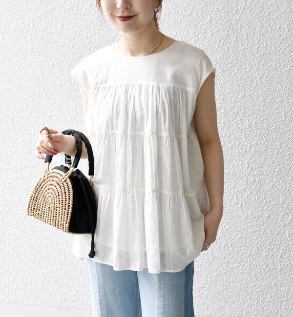 SHIPS any「SHIPS any:〈手洗い可能〉箔 ティアード レースアップ フレンチスリーブ ブラウス」|シャツ・ブラウス|