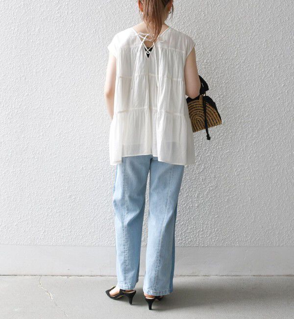 SHIPS any「SHIPS any:〈手洗い可能〉箔 ティアード レースアップ フレンチスリーブ ブラウス」|シャツ・ブラウス|