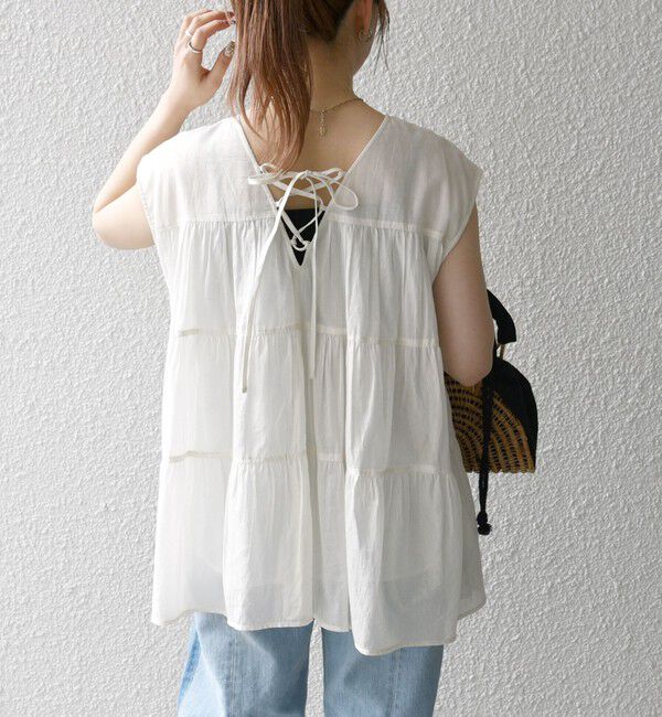 SHIPS any「SHIPS any:〈手洗い可能〉箔 ティアード レースアップ フレンチスリーブ ブラウス」|シャツ・ブラウス|