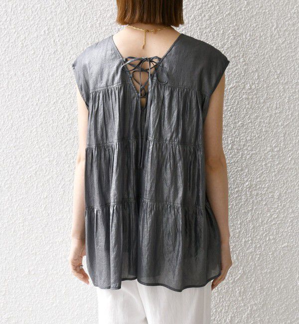 SHIPS any「SHIPS any:〈手洗い可能〉箔 ティアード レースアップ フレンチスリーブ ブラウス」|シャツ・ブラウス|