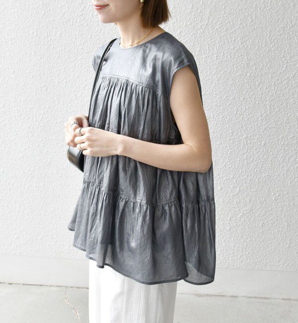 SHIPS any「SHIPS any:〈手洗い可能〉箔 ティアード レースアップ フレンチスリーブ ブラウス」|シャツ・ブラウス|