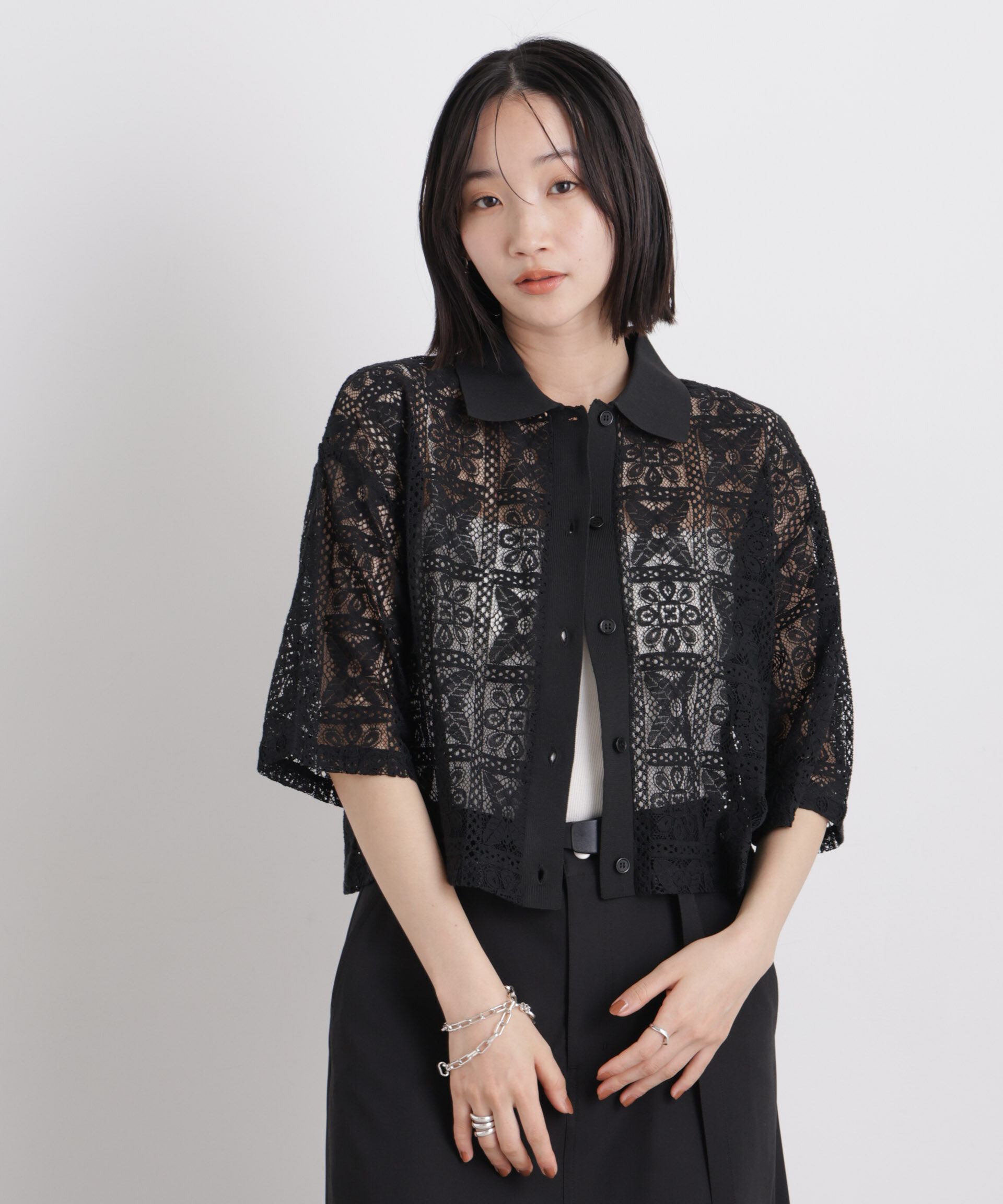 nano･universe「幾何柄レース半袖シャツ(セットアップ可)」|シャツ・ブラウス|