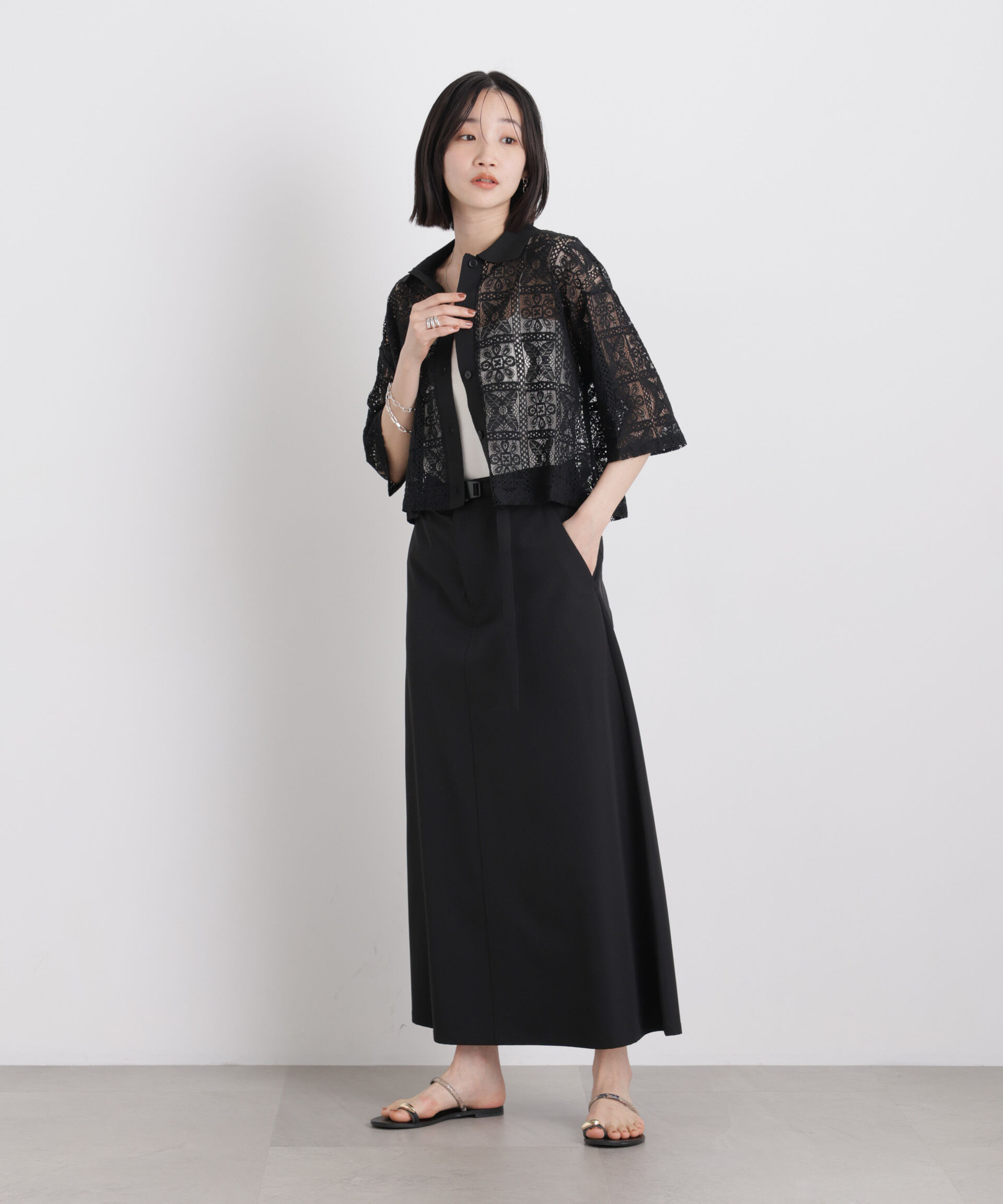 nano･universe「幾何柄レース半袖シャツ(セットアップ可)」|シャツ・ブラウス|